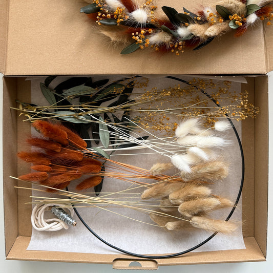 DIY-Set: Trockenblumen zum basteln für einen Trockenblumenkranz in 20, 25 oder 30 cm - weiß/beige/Olivenblätter/braun/terrakotta