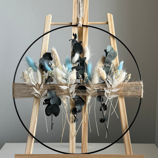 Trockenblumenring - Türkranz mit Trockenblumen in Natur- und Blautönen mit Eukalyptus - in 20, 25 oder 30 cm