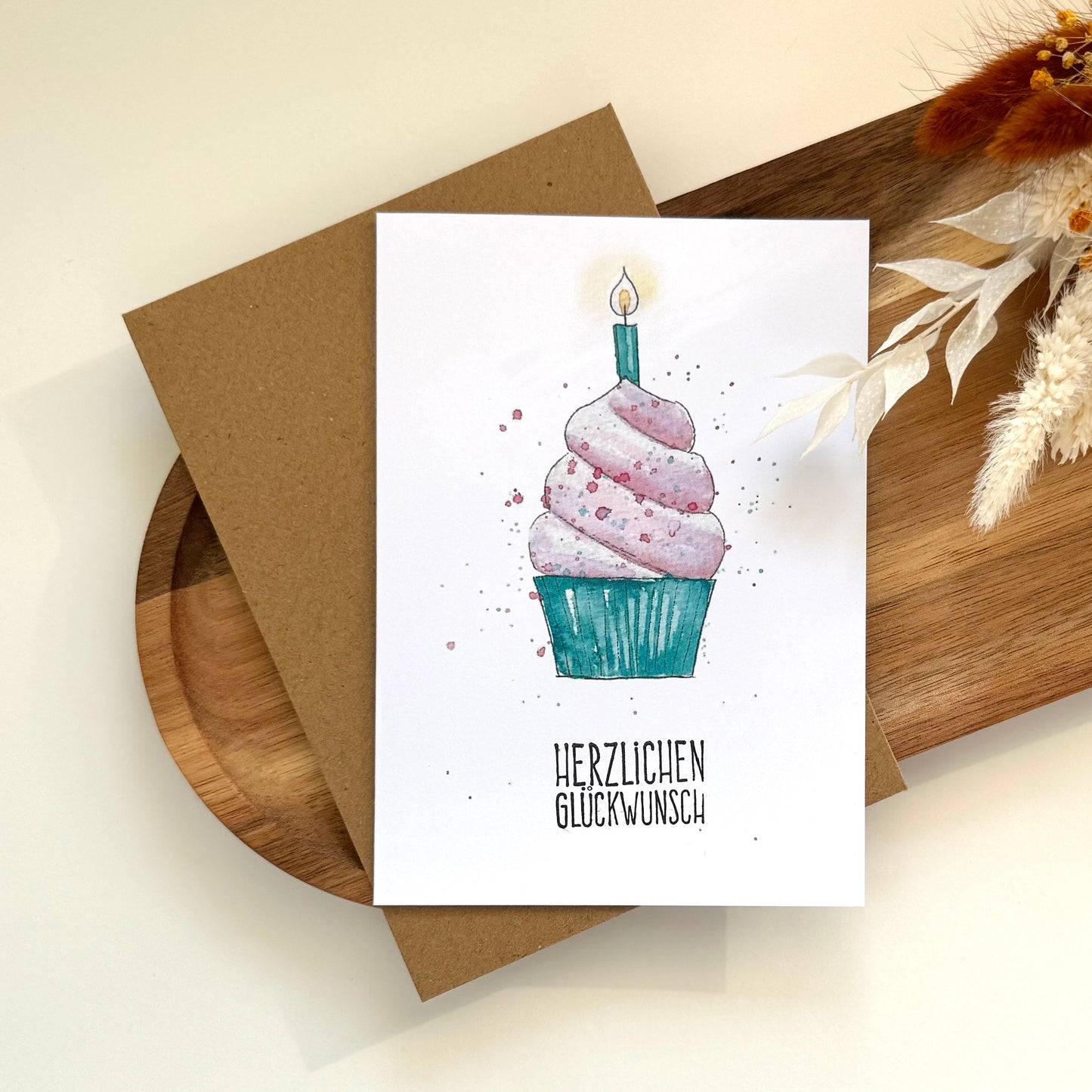 Grußkarte Cupcake mit Kerze - Herzlichen Glückwunsch