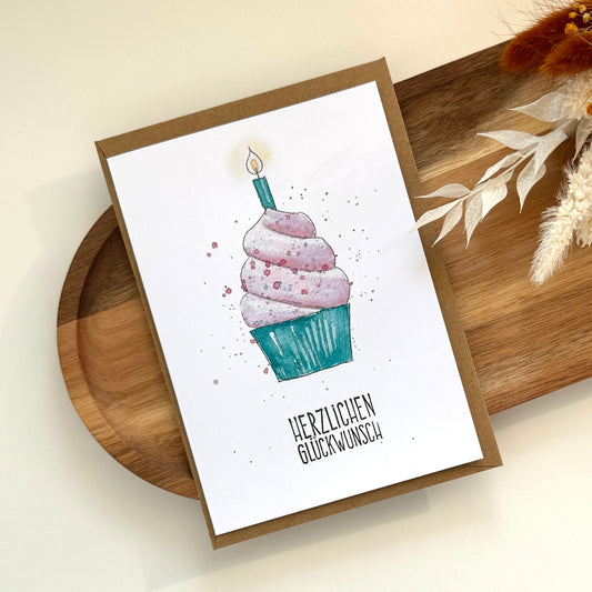 Grußkarte Cupcake mit Kerze - Herzlichen Glückwunsch
