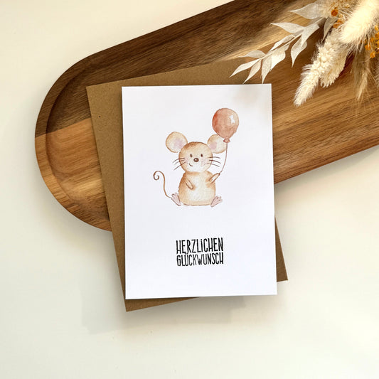Grußkarte Maus mit Ballon - Herzlichen Glückwunsch