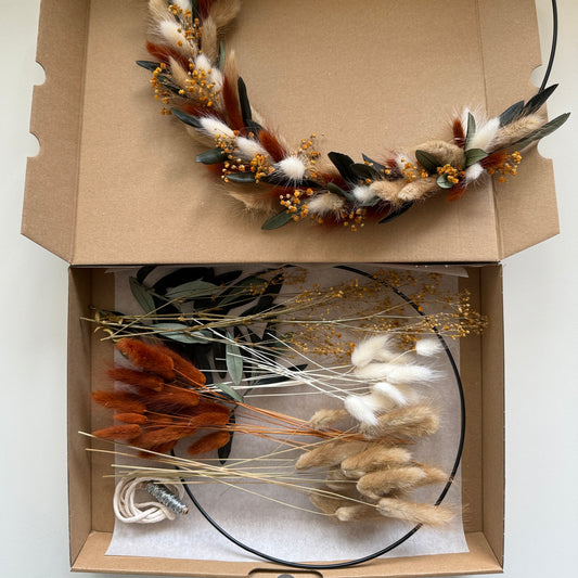 DIY-Set: Trockenblumen zum basteln für einen Trockenblumenkranz in 20, 25 oder 30 cm - weiß/beige/Olivenblätter/braun/terrakotta