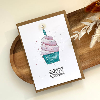 Grußkarte Cupcake mit Kerze - Herzlichen Glückwunsch