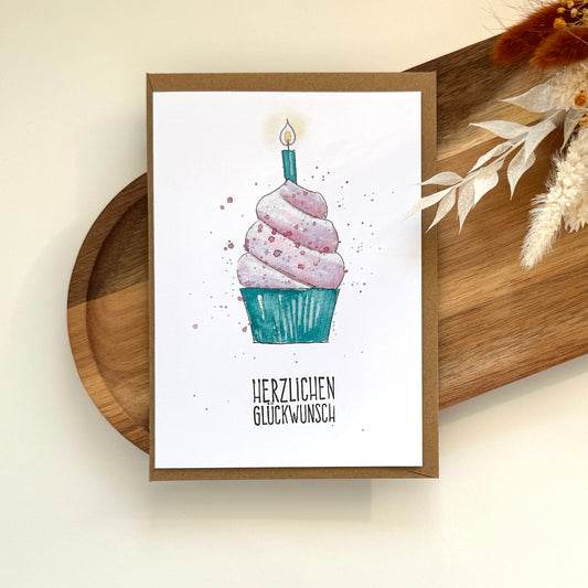 Grußkarte Cupcake mit Kerze - Herzlichen Glückwunsch