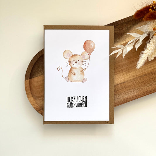Grußkarte Maus mit Ballon - Herzlichen Glückwunsch